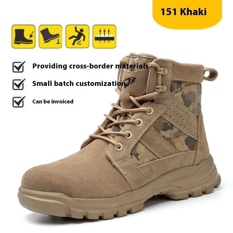 Khaki high-top suede combat boots with steel toe caps and front lace-up closure
