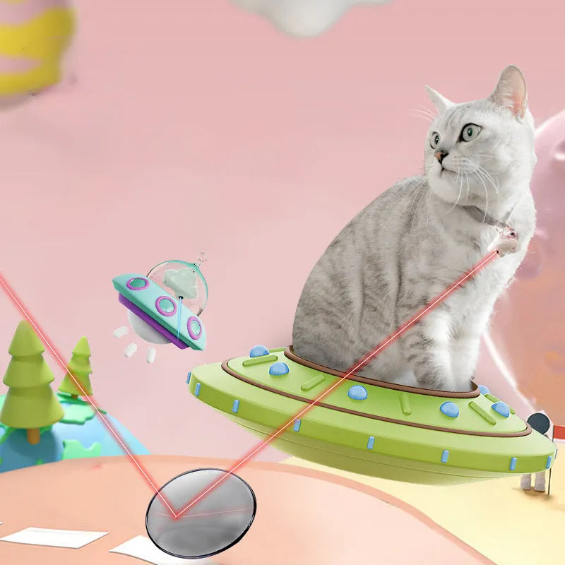 Green cat collar laser toy with USB charging and 360° rotation on a pink cat collar