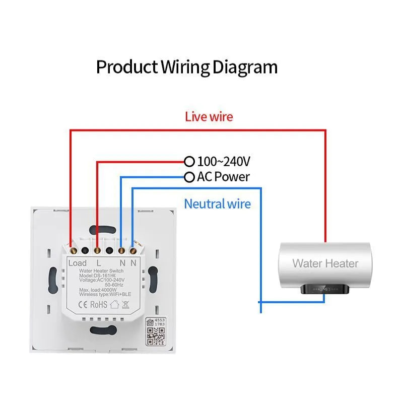 Smart water heater switch 4000W Wi-Fi timer APP voice touch control 86x86mm EU standard white black gold