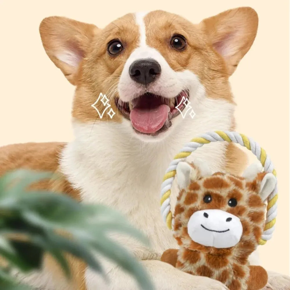Plush dog toy shaped like zebra with rope and squeaker on white background