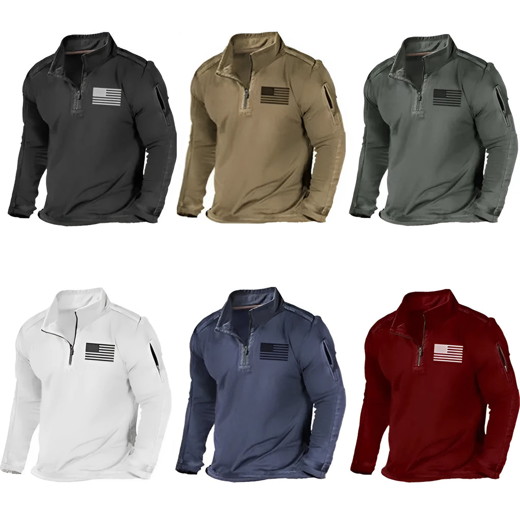 Men's grey zip-up stand collar long-sleeved sports sweater on a hanger.