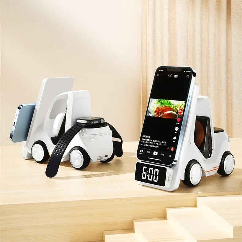 Grey 15W wireless fast charging bracket holding a smartphone, showing its compact size and Type-C port.