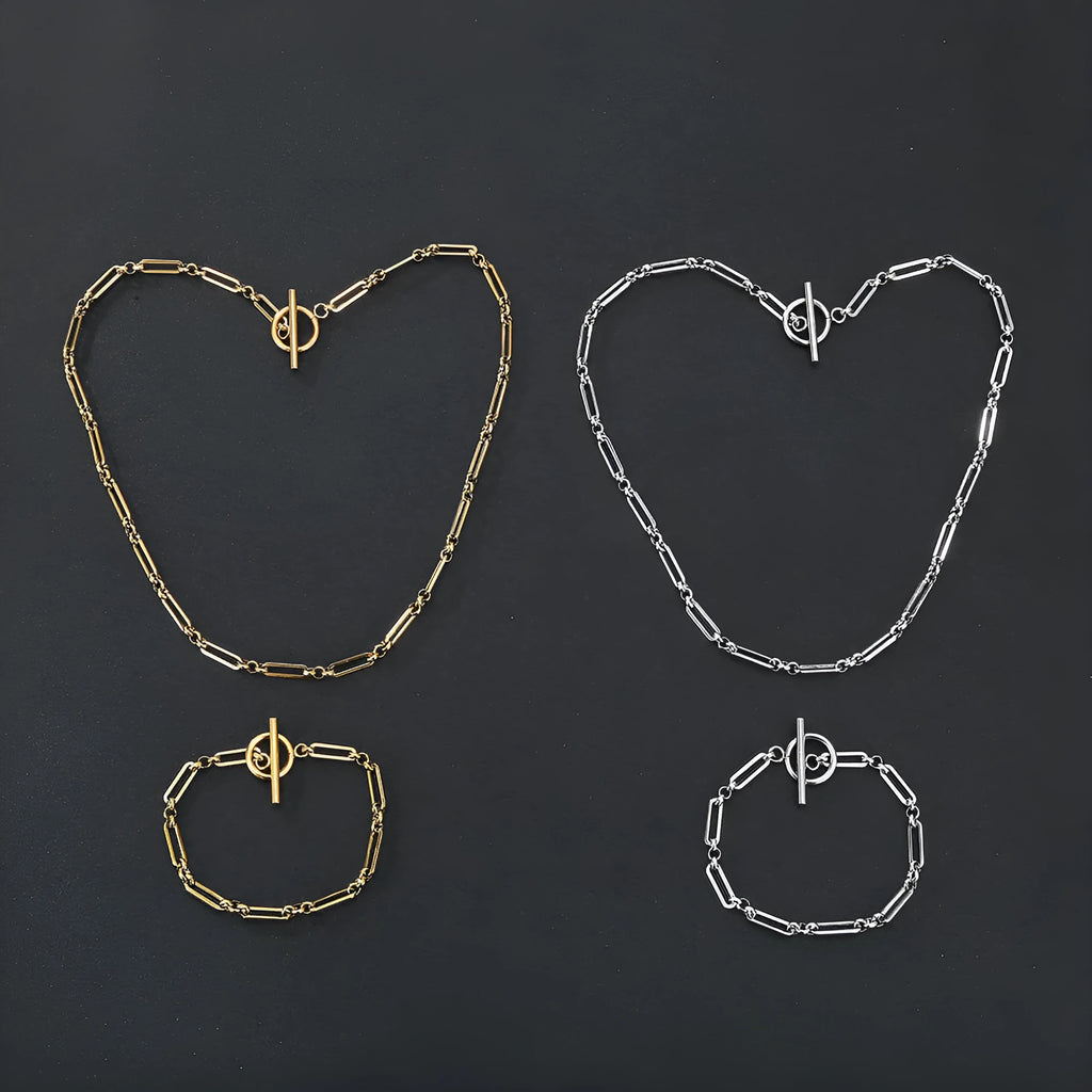 Electroplated stainless steel Chopin chain necklace and bracelet set in gold