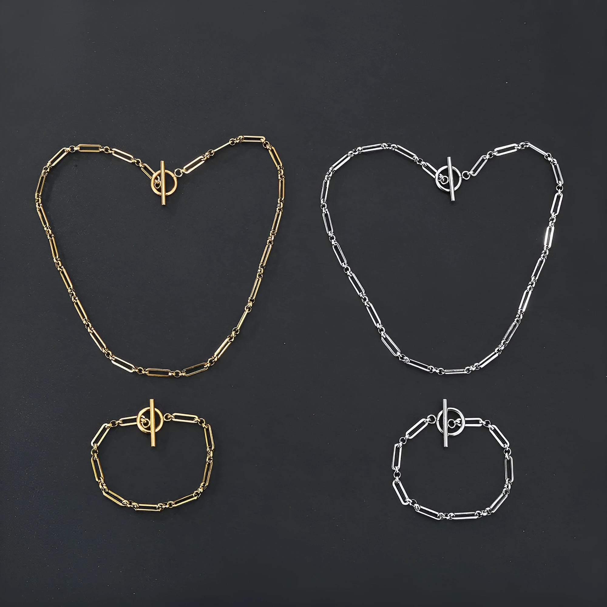 Electroplated stainless steel Chopin chain necklace and bracelet set in gold