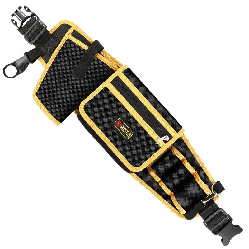 Yellow canvas electrician tool waist bag with belt attachment for portable tool storage and repair tasks