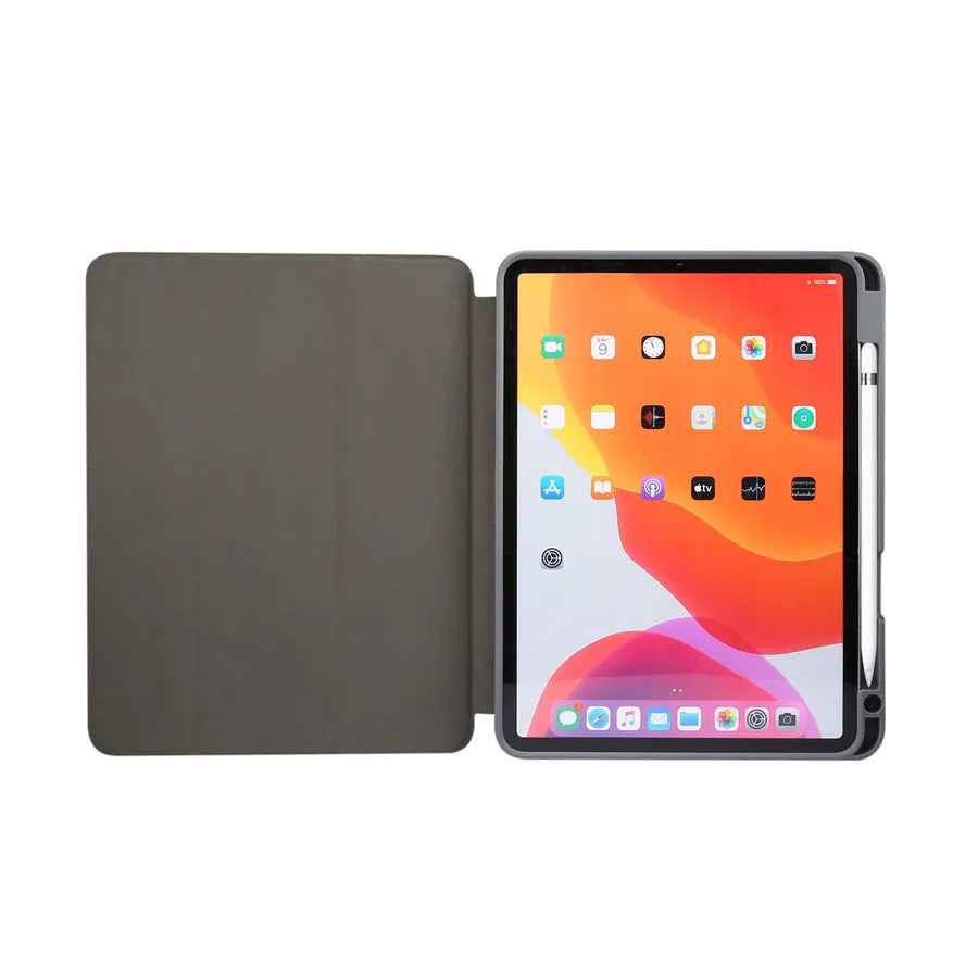 Dark gray tri-fold marbling iPad leather case with a visible pen slot, shown in stand position.
