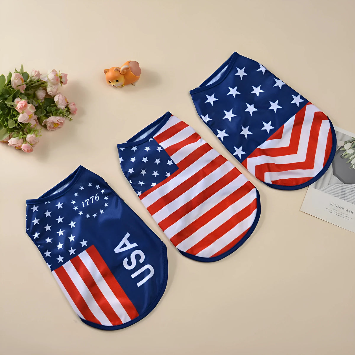 Independence Day pet vest in thin breathable polyester, sizes XS to XL, USA star and stripe prints