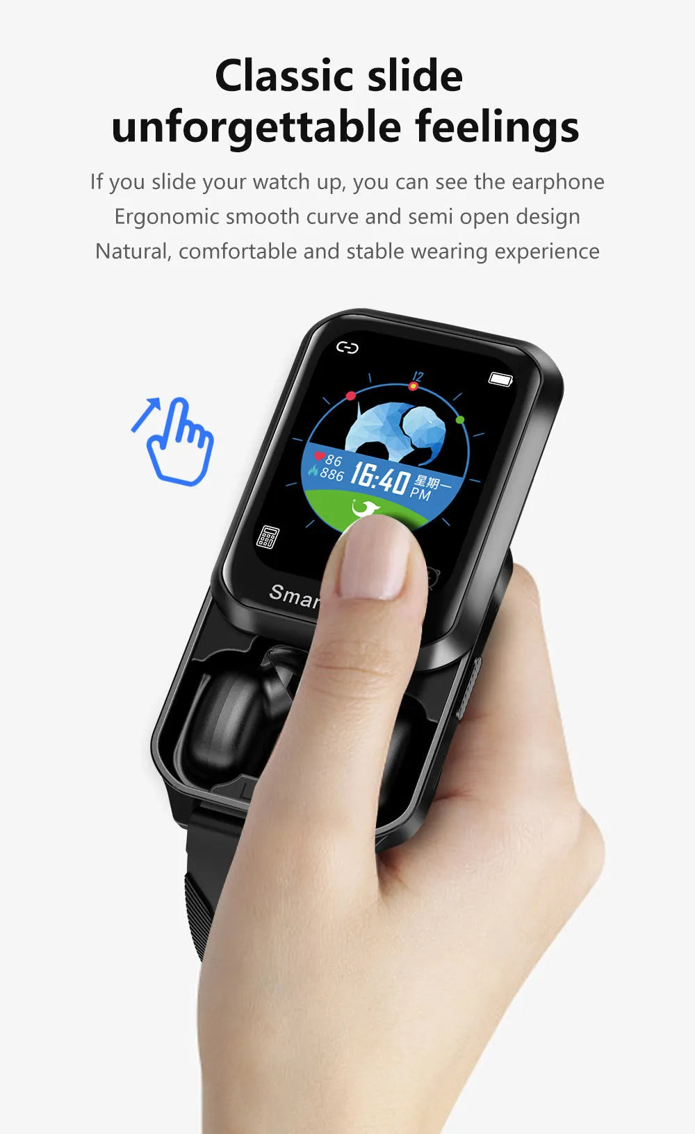 Smart bracelet with split screen display showing Bluetooth calling interface and password lock screen on black silicone wristband