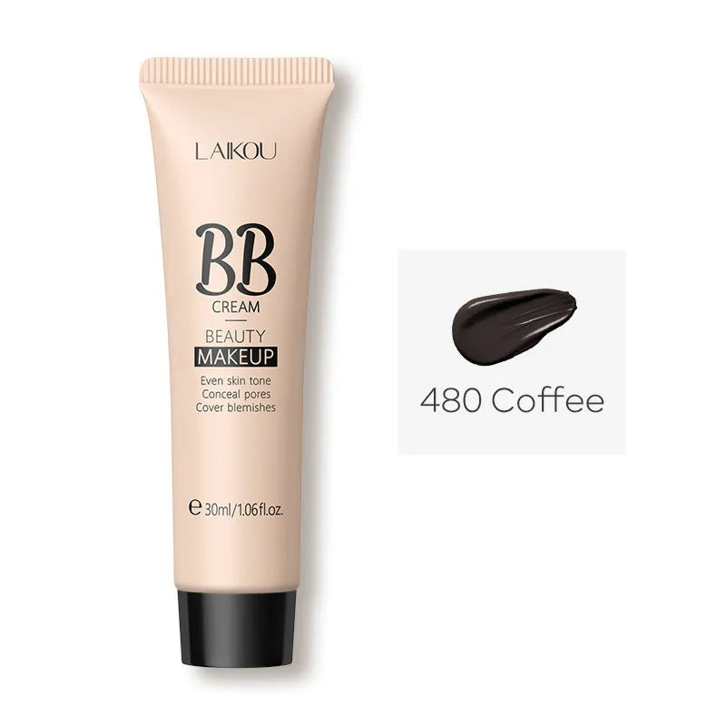 30ml tube of natural finish BB cream showing nine colour shade options from Ivory White to Brown