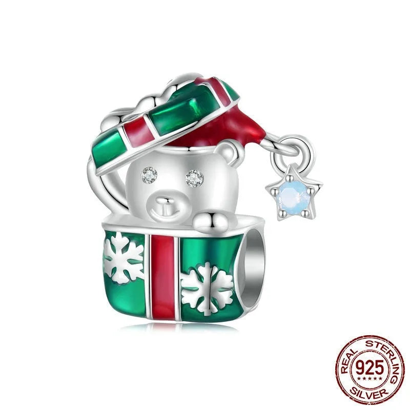 Little bear Christmas gift box silver charm, 14mm x 14mm, 4.5mm hole, BSC940 drip oil bead