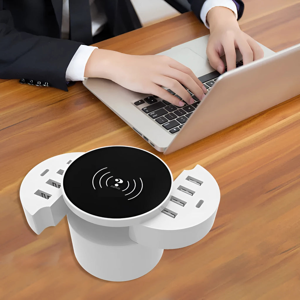 Ceramic white circular wireless charger with USB port for smart phone charging