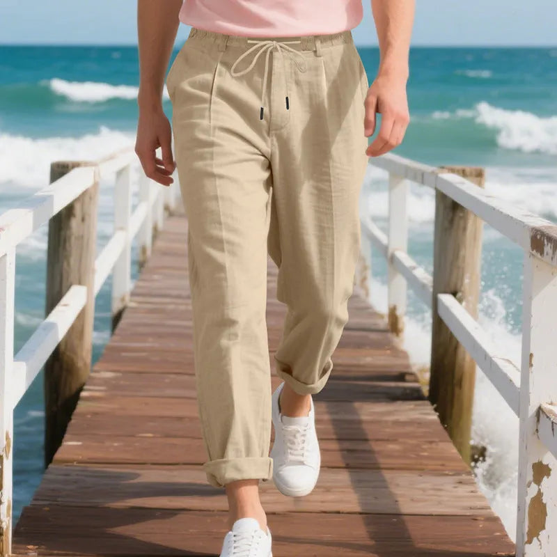 Men's linen casual pants in straight-leg style with drawstring waist in various colours