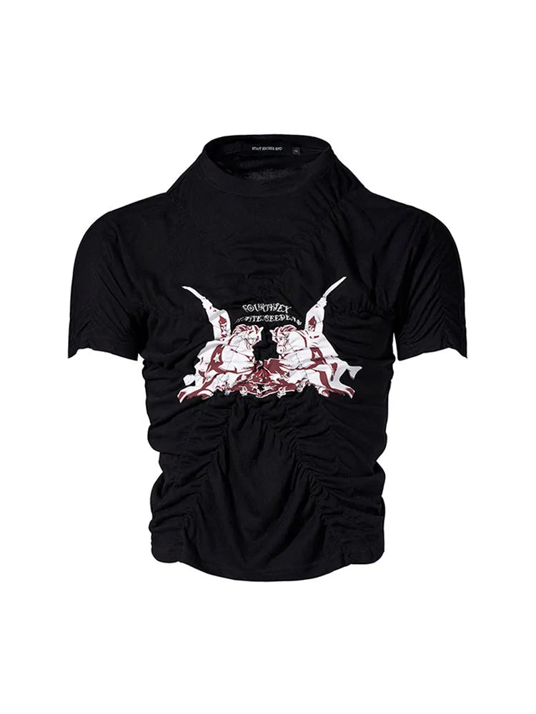Men's black printed slim fit short sleeve t-shirt with round neck collar