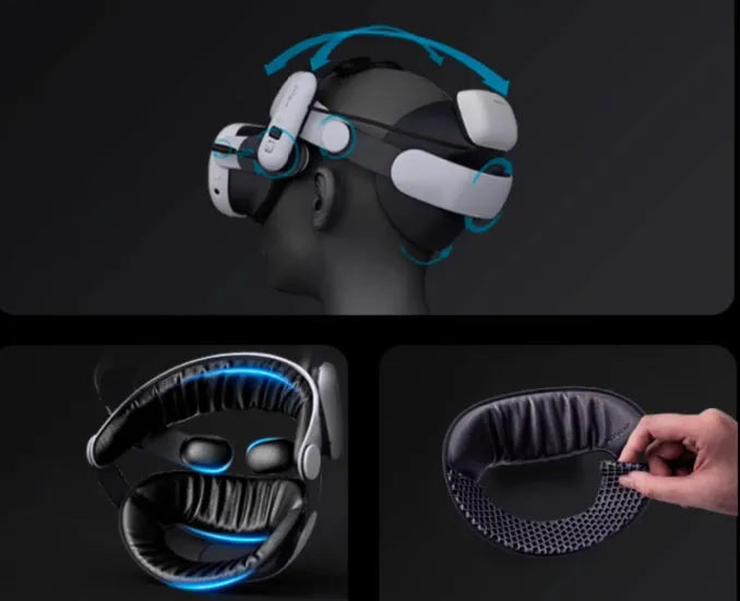 Adjustable VR head wear with ABS sponge cushion and battery, multi-angle head strap for virtual reality headsets.