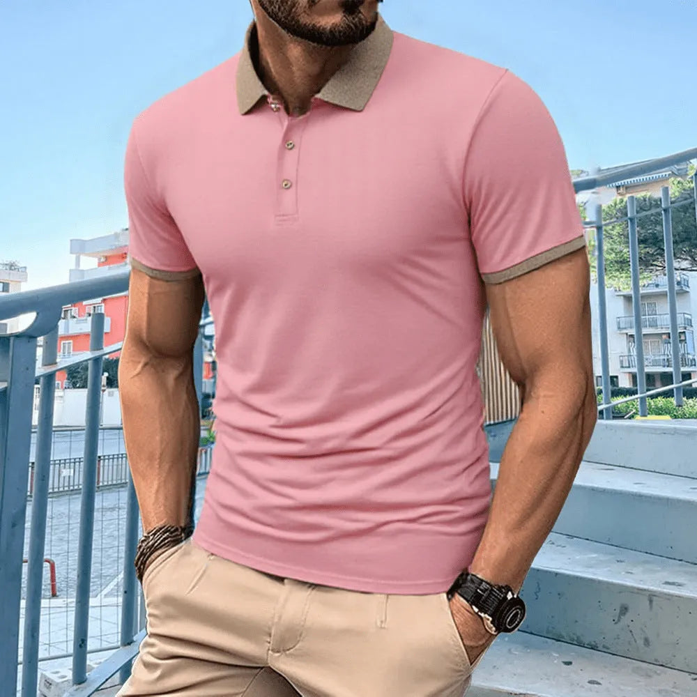 Summer polo shirt with ice silk fabric, short sleeves, lapel collar, and flocking print detail in six colours