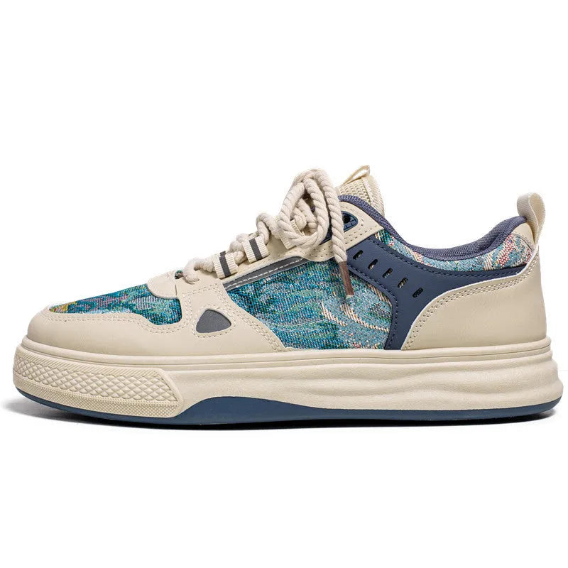 Men's beige and green canvas flat casual shoes with round toe.