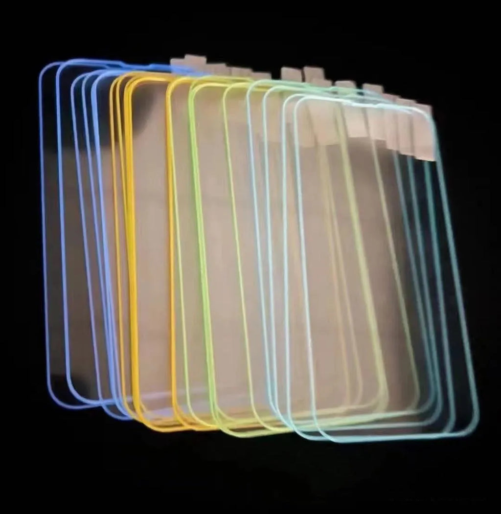 Fluorescent tempered glass full screen protector for iPhone in pink, yellow, green, blue, and grass green luminous colours.