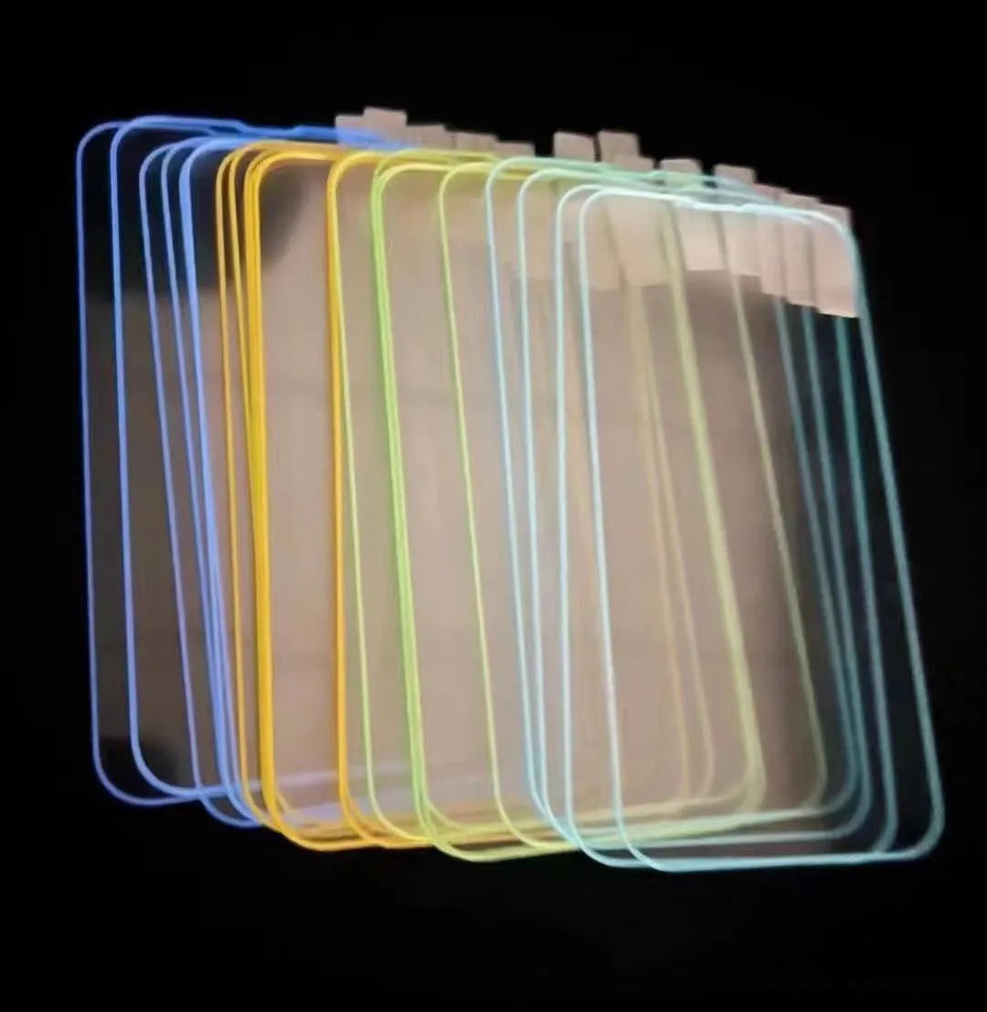 Fluorescent tempered glass full screen protector for iPhone in pink, yellow, green, blue, and grass green luminous colours.