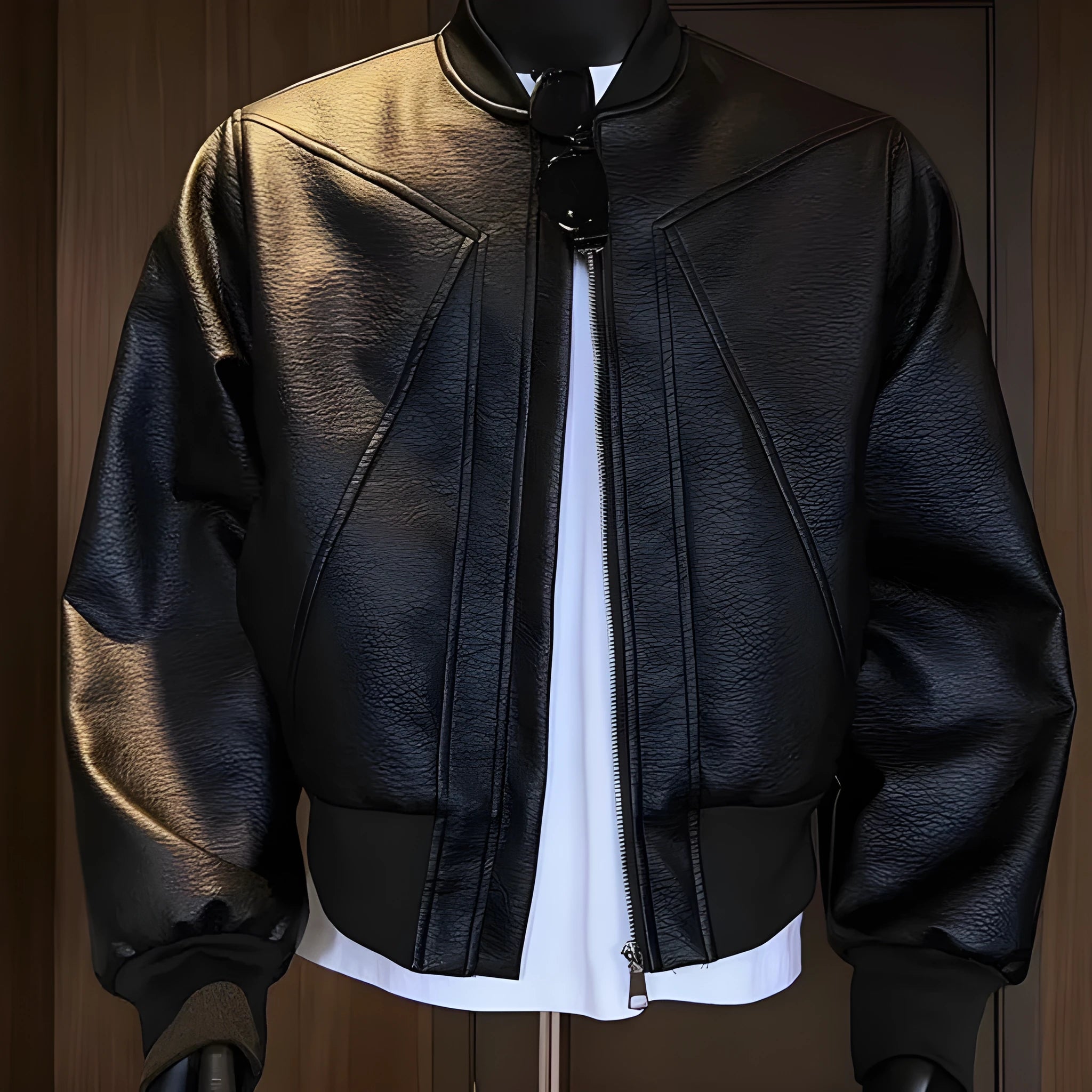 Men's black slim-fit PU leather jacket with extended length and litchi grain texture.
