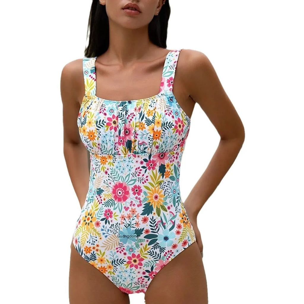 Women's floral print one-piece swimsuit with full back coverage in pastoral style