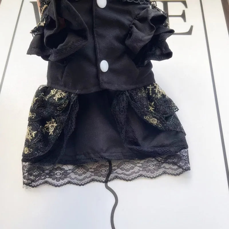 Golden Gothic princess-style skirt costume for a small dog or cat on a mannequin