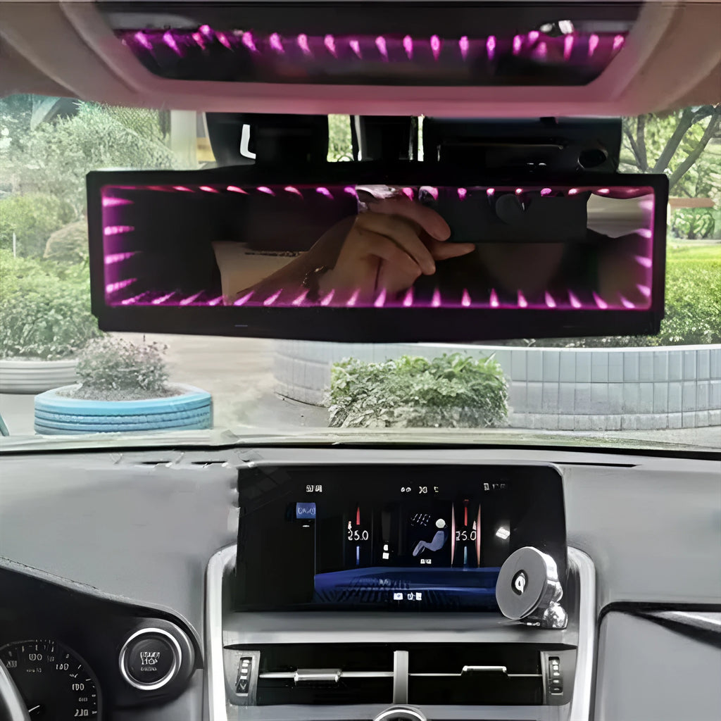 280mm flat car rearview mirror with anti-glare coating and coloured 3D night lighting effect.