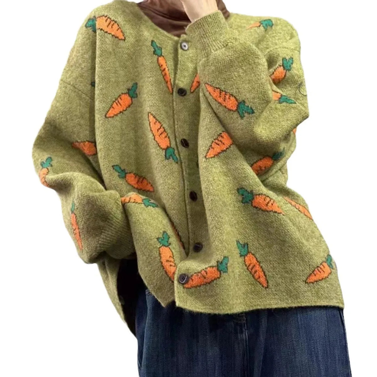 Loose fitting viscose cardigan with artistic colour contrast printing and round neck
