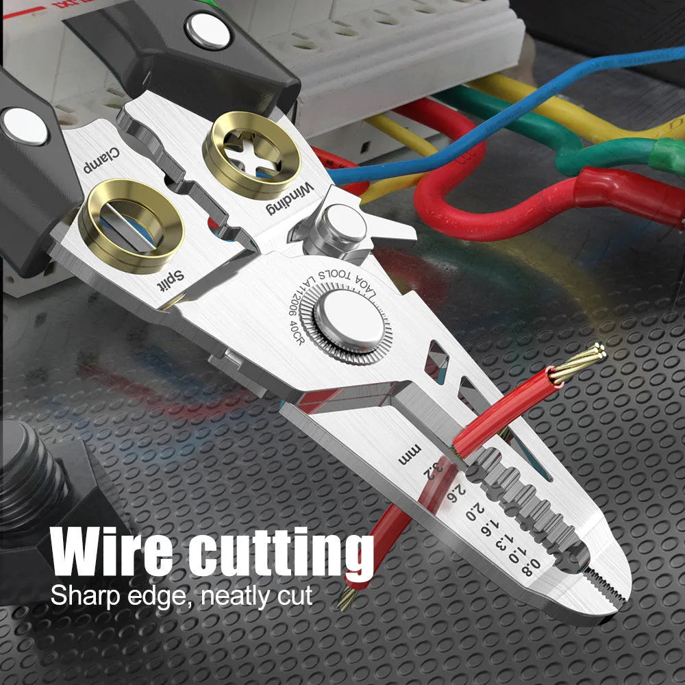 Stainless steel 7-in-1 wire stripper and crimping pliers with two-colour ABS handle