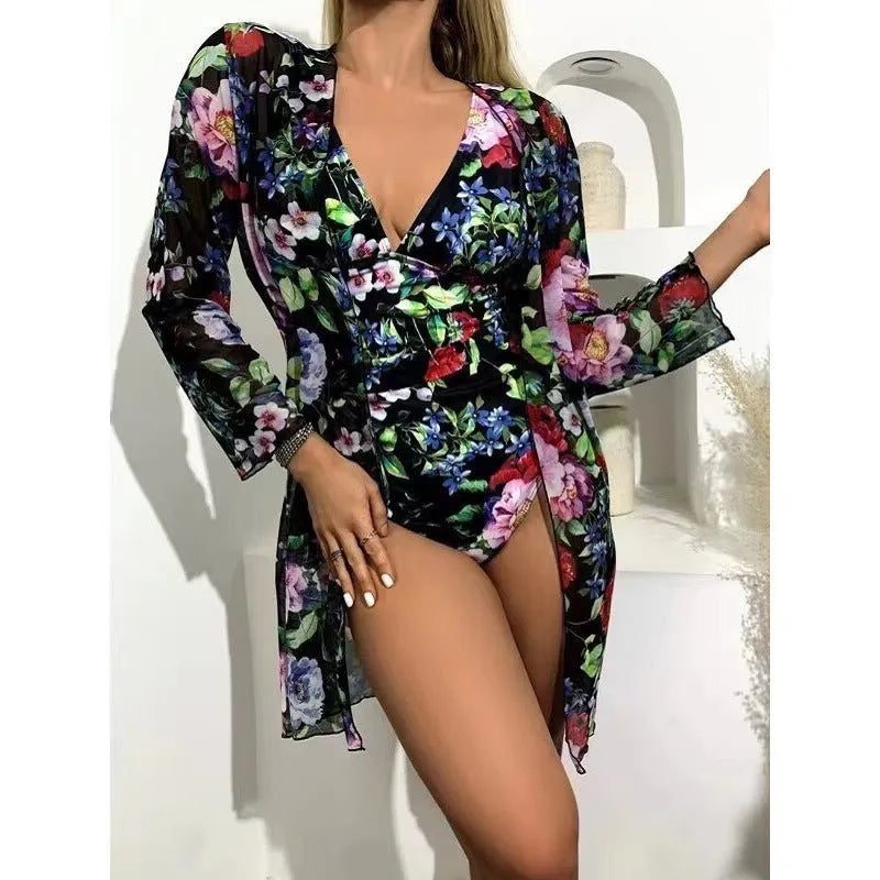 Women's floral print bikini set with lace-up front and cover-up coat in green