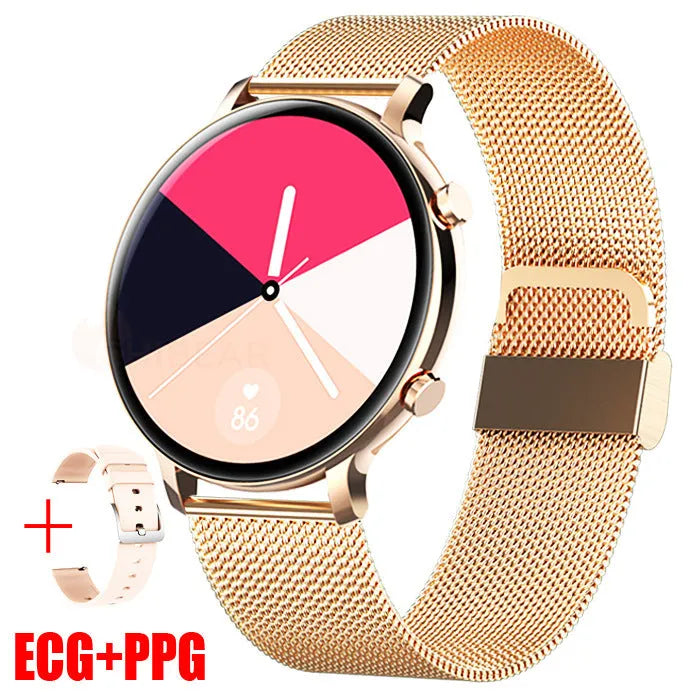 Black business smartwatch with stainless steel strap on a wrist, showing call and health tracking screen.