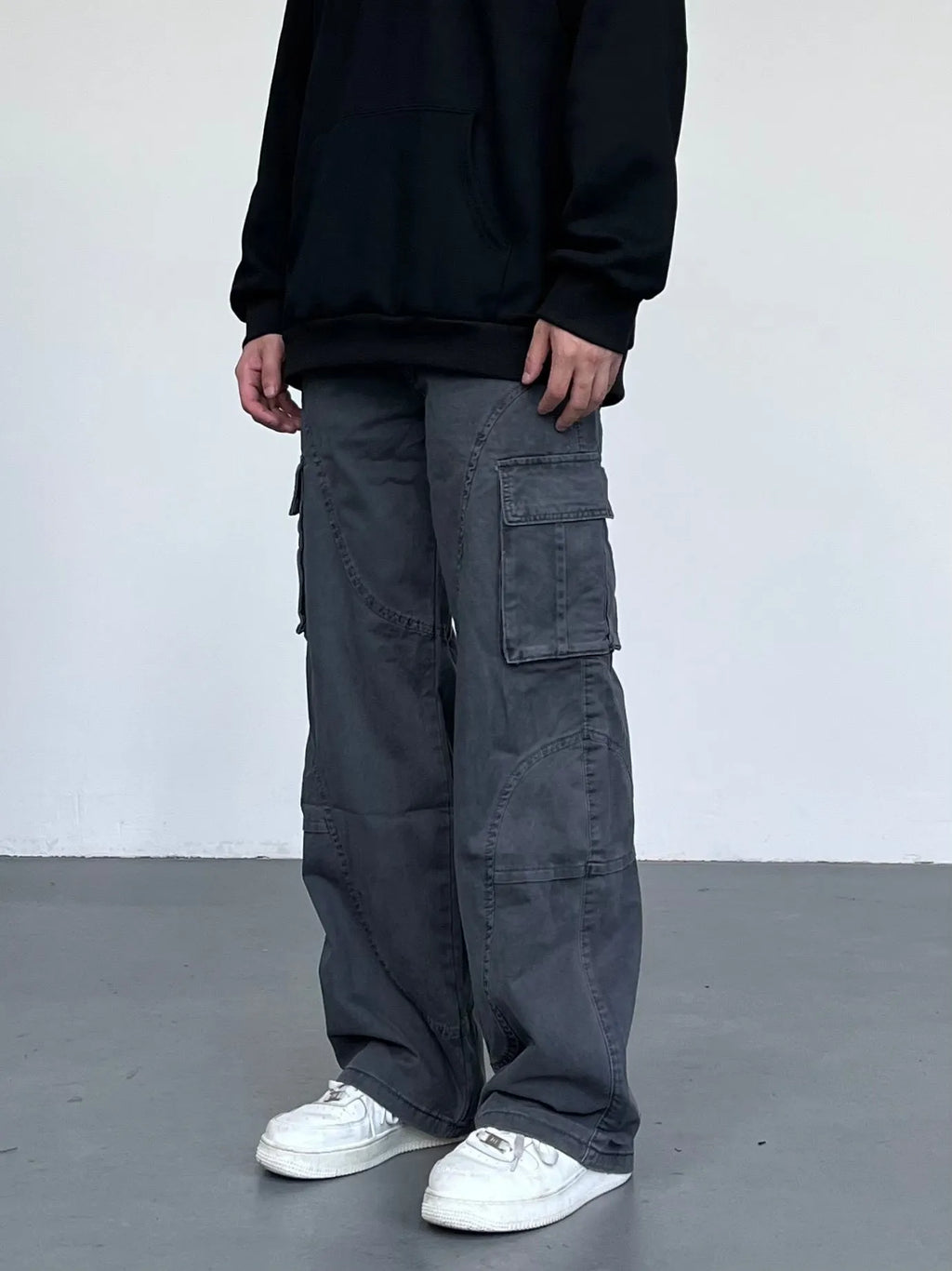 Autumn winter washed worn loose straight-leg overalls in black with pocket decoration