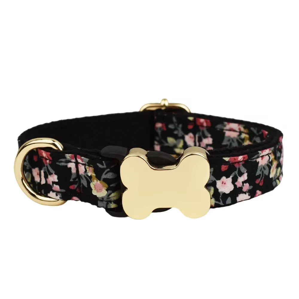 Nylon dog collar with printed grid pattern and bone-shaped buckle in multiple colour options