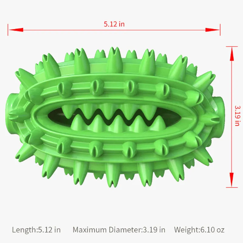 Green cactus-shaped dog chew toy with textured cleaning bumps and treat channels