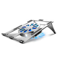 M9 silver aluminium alloy folding laptop stand on desk with closed legs
