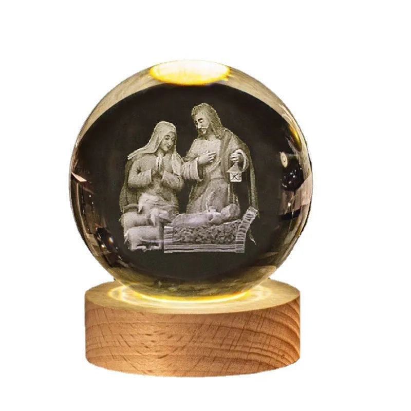 6cm white crystal ball desk lamp with religious symbols on solid wood warm light base