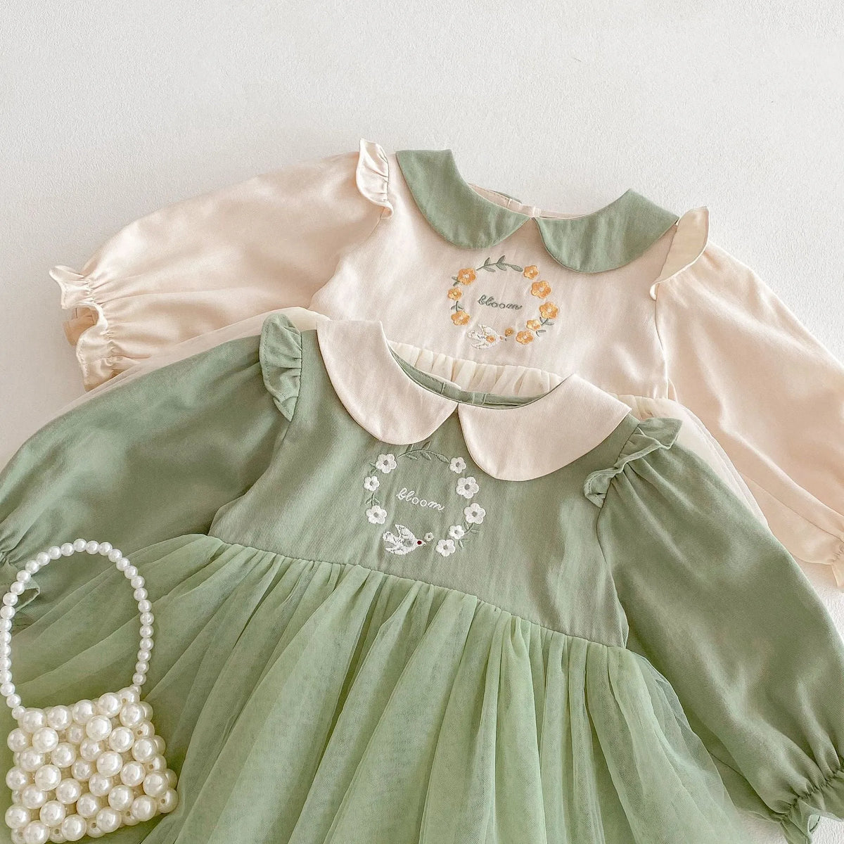 Girls' floral spring dress, long sleeve cotton dress in beige or pastoral green for heights 73-120cm