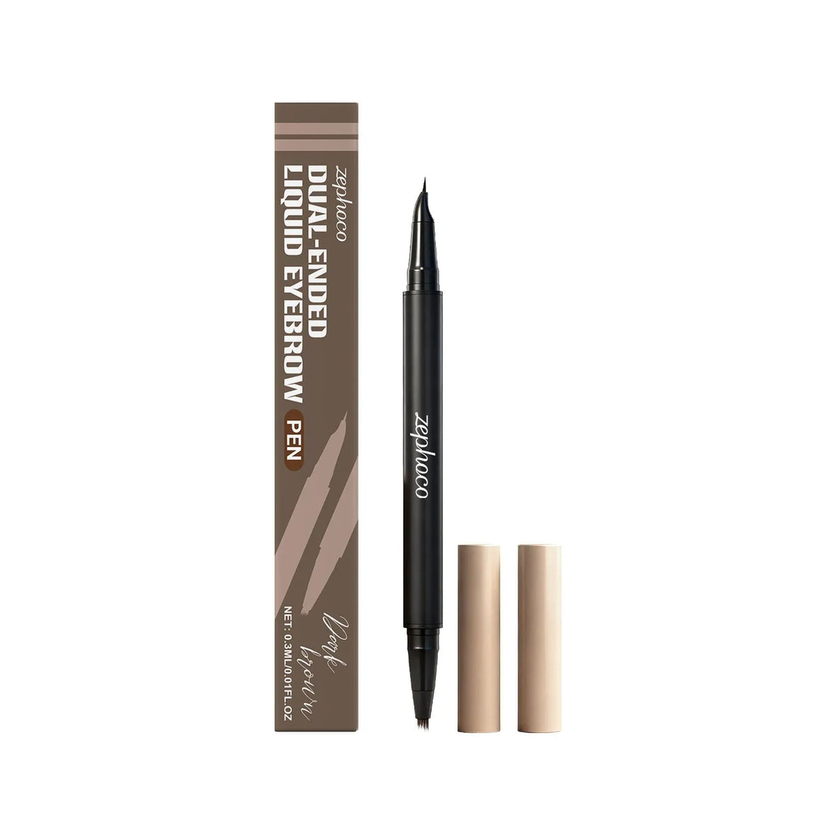 Dual-ended liquid eyebrow pen in five colours: Black, Brown, Brunet Brown, Grey, and Light Brown for natural brow definition