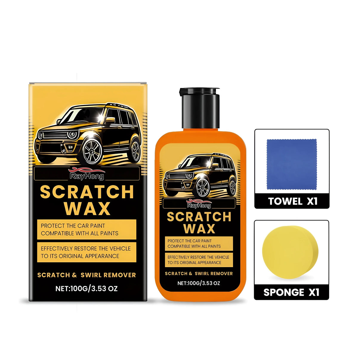 Scratch remover wax 100g tube with 6.5x2cm sponge and 20x20cm towel kit