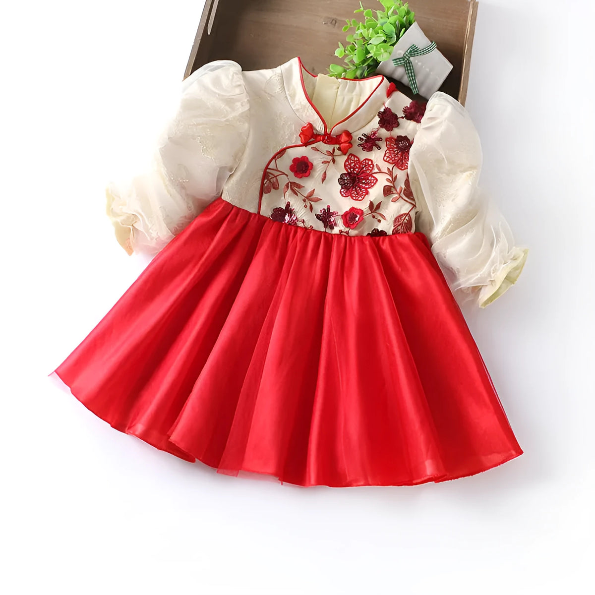 Girls floral red dress in chemical fibre blend, spring autumn, sizes 73cm to 95cm