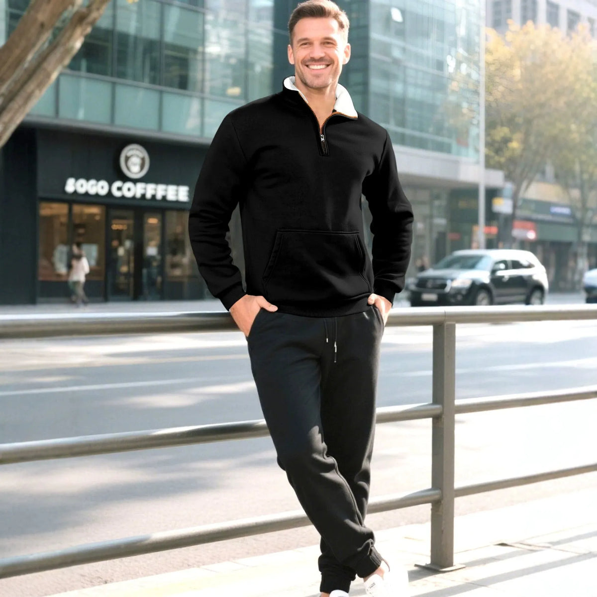 Men's colour-block zip knit sweater, short sleeve polyester fleece pullover, casual spring top