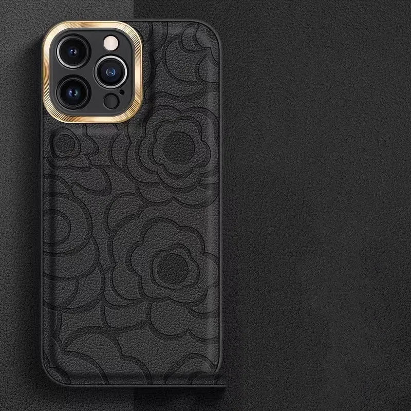 Camellia leather pattern drop-resistant phone case for iPhone with soft edge hard back design in Antique White