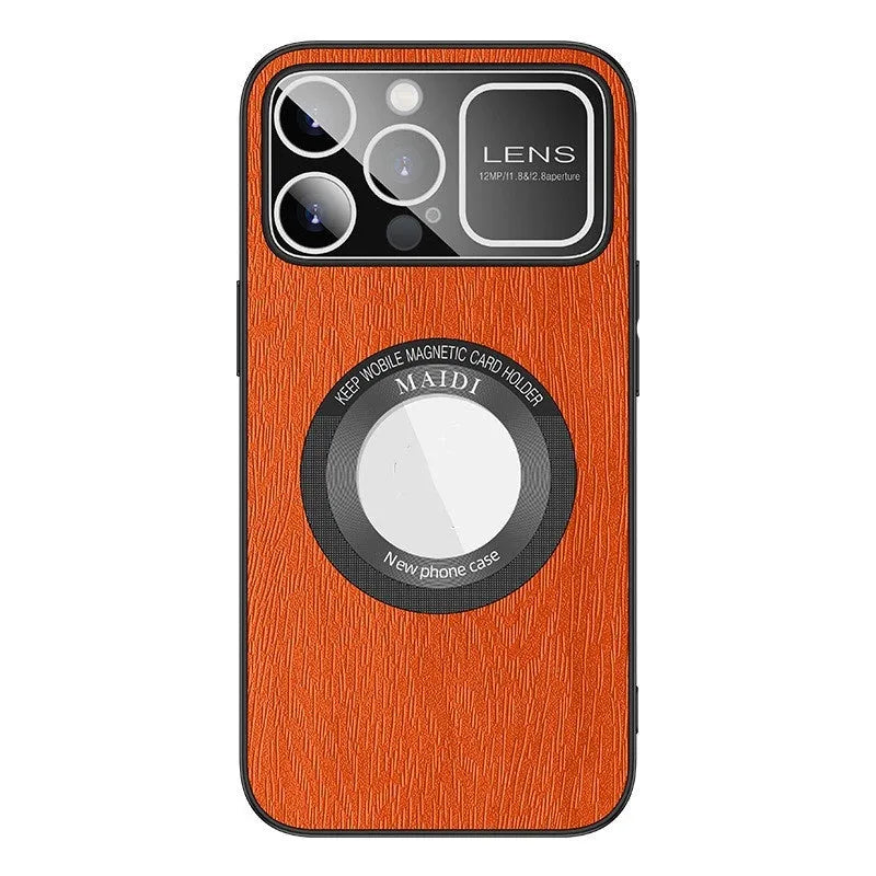 Magnetic iPhone case with large window tree pattern in silver gray, vibrant orange, elegant black or sapphire blue, TPU leather pattern