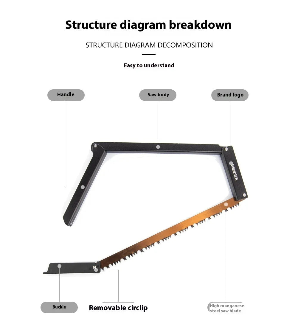 Black outdoor folding saw with aluminium and PA66 nylon handle and No. 65 Gao Meng hacksaw blade