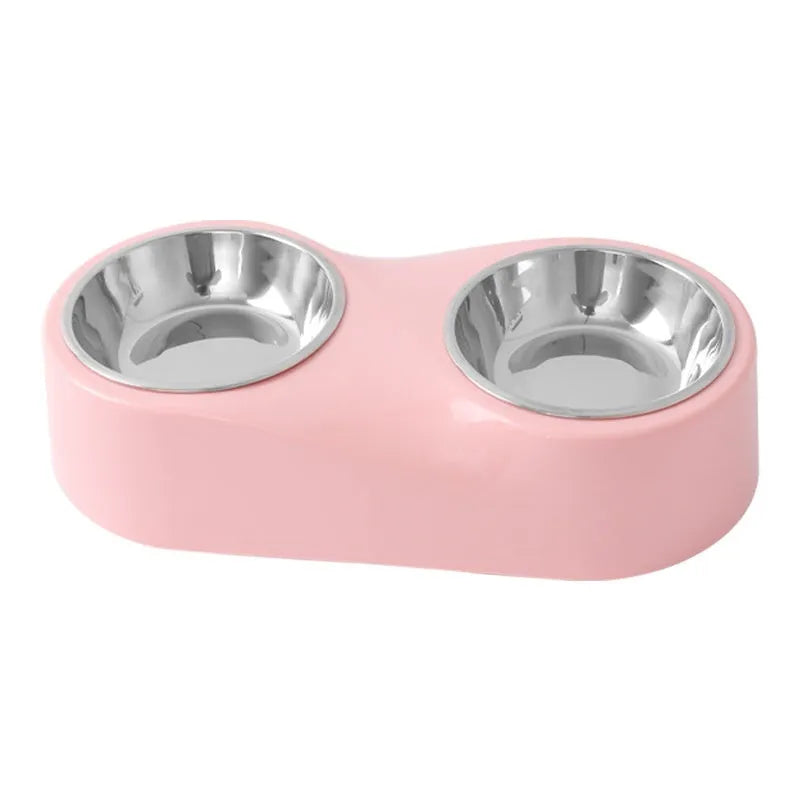 Alloy solid color separation design cat water bowl in gray with two compartments showing stainless steel inserts