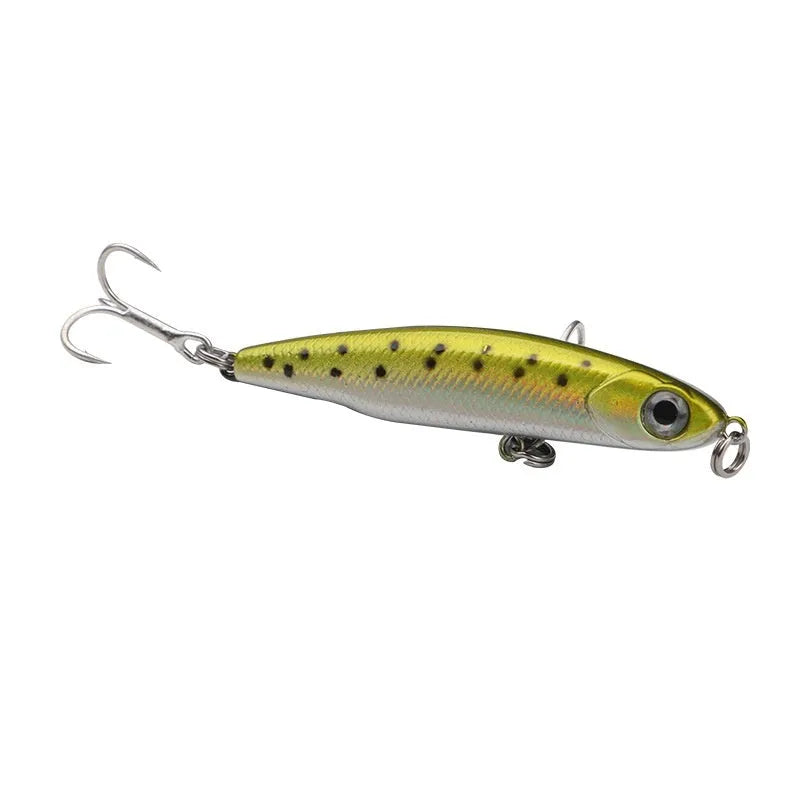 Set of five silver pencil bait fishing lures with double hooks in a storage box, showing four weight options