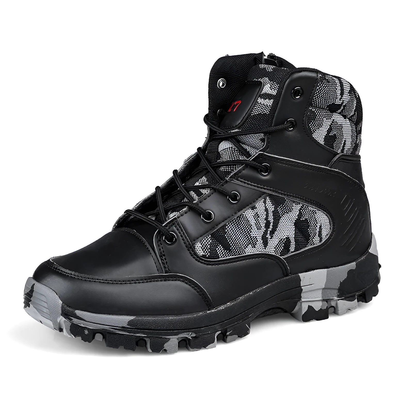 Men's high-top hiking shoes in black camouflage colour with artificial PU upper and metal detail.