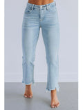 Women's solid colour cotton denim jeans with hand-worn detailing in dark blue and light blue.