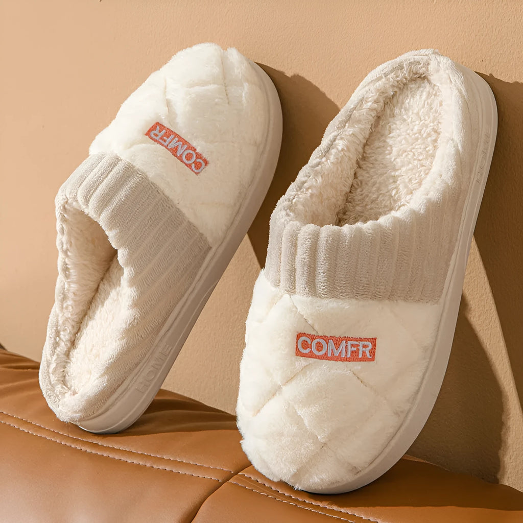 Solid rhombic letter plush home slippers with anti-slip EVA sole, five colours, sizes 36-45