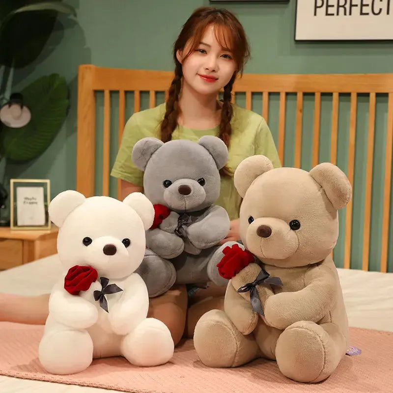 Rose bear plush teddy bear pillow in soft short plush fabric with PP cotton filling