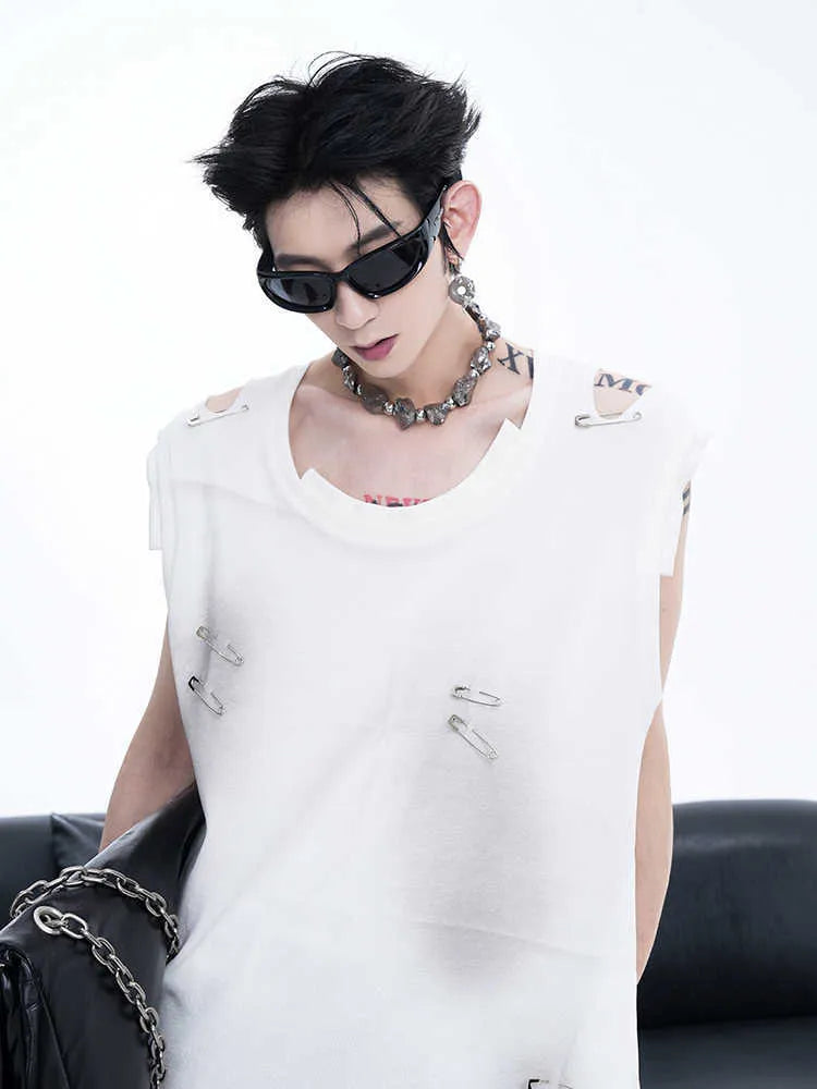 Men's black sleeveless vest waistcoat t-shirt with ripped irregular cutting design and round neck collar